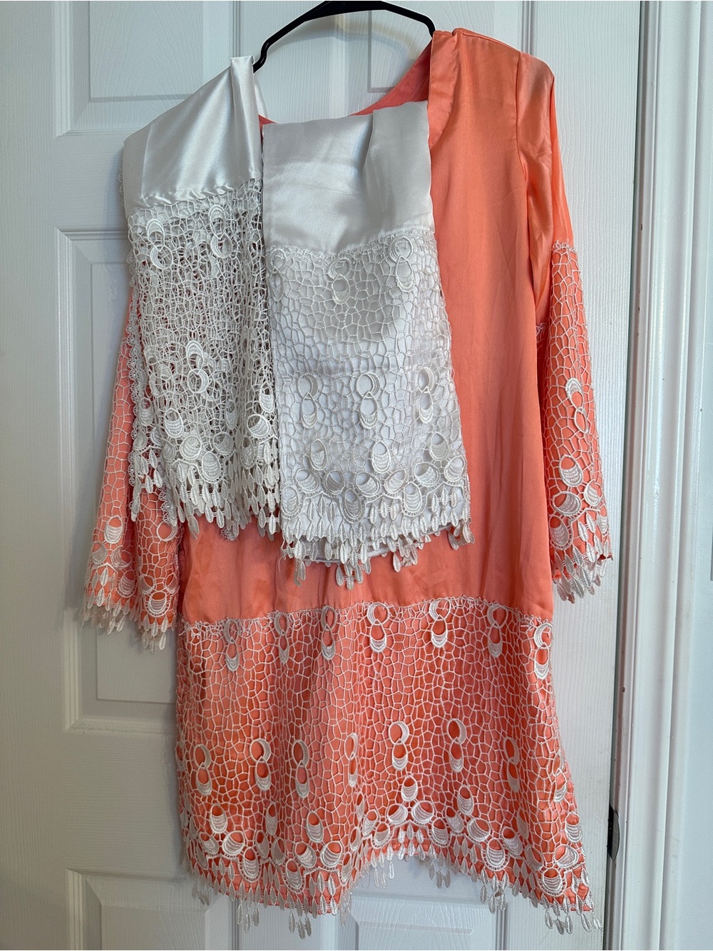 Coral Lace Trim Women's dress with White Scarf and white lace pants